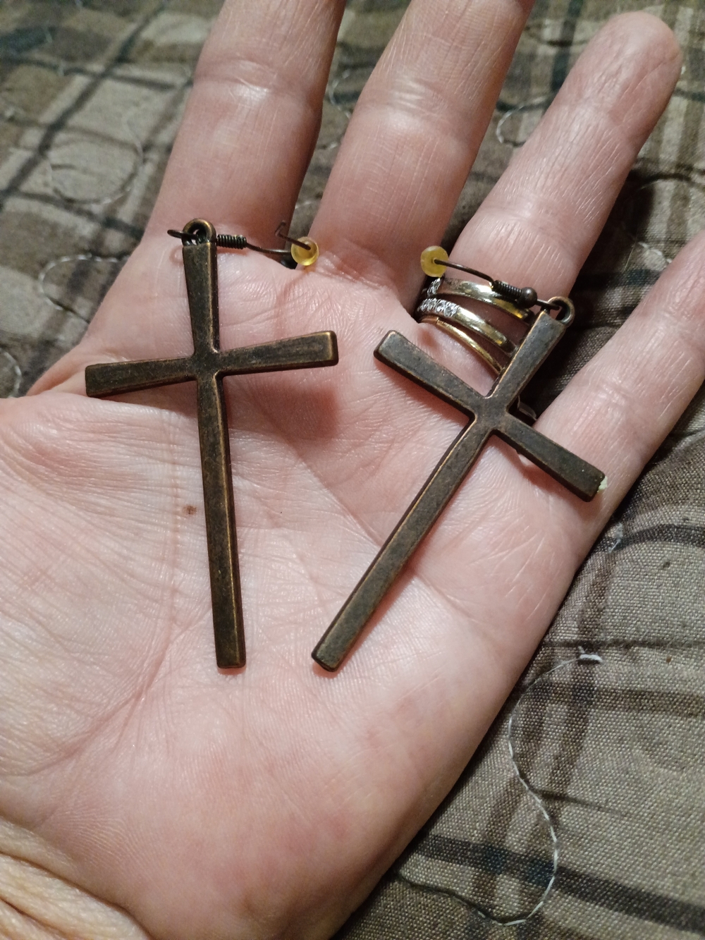 Antique Brass Cross Dangle Earrings - Brown Tone